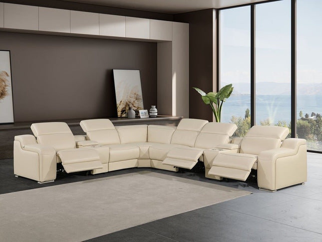 Beige Italian Leather Power Reclining Curved Seven Piece Corner Sectional With Console