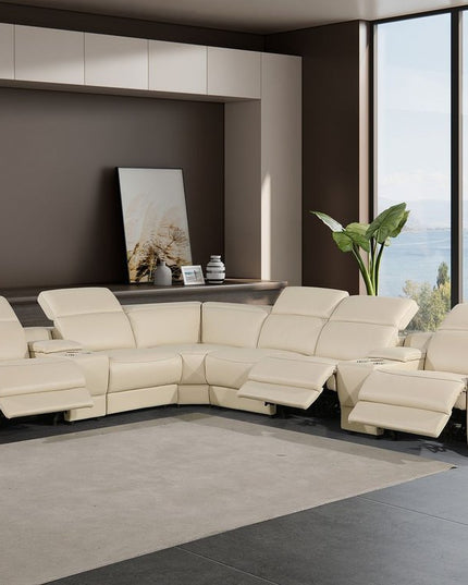 Beige Italian Leather Power Reclining Curved Seven Piece Corner Sectional With Console
