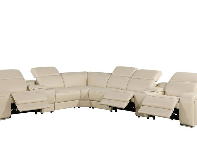 Beige Italian Leather Power Reclining Curved Seven Piece Corner Sectional With Console