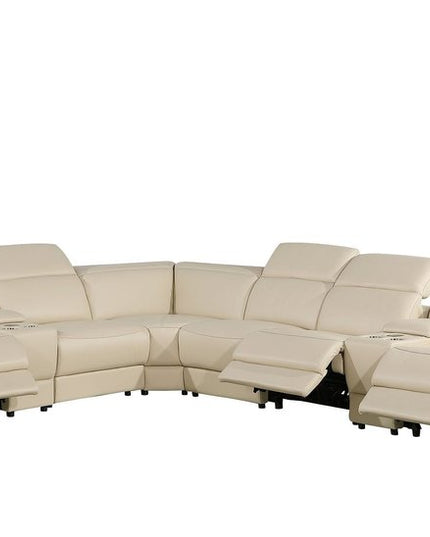 Beige Italian Leather Power Reclining Curved Seven Piece Corner Sectional With Console