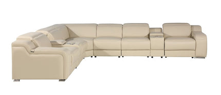 Beige Italian Leather Power Reclining Curved Seven Piece Corner Sectional With Console