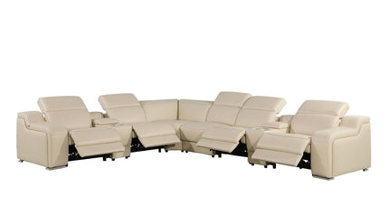 Beige Italian Leather Power Reclining Curved Eight Piece Corner Sectional With Console