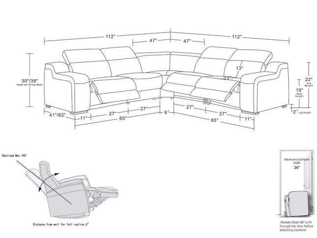 Dark Gray Italian Leather Power Reclining L Shaped Five Piece Corner Sectional