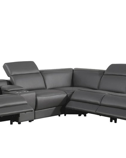 Dark Gray Italian Leather Power Reclining L Shaped Six Piece Corner Sectional With Console