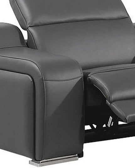 Gray Italian Leather Power Reclining Curved Seven Piece Corner Sectional With Console