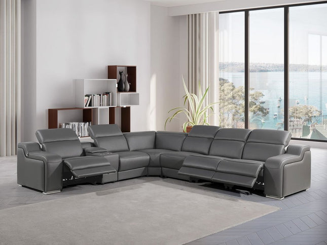 Gray Italian Leather Power Reclining Curved Seven Piece Corner Sectional With Console