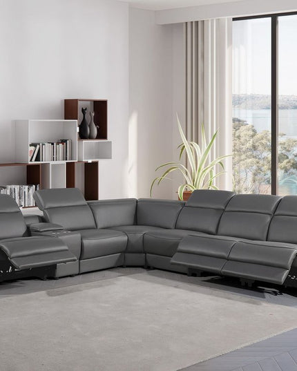 Gray Italian Leather Power Reclining Curved Seven Piece Corner Sectional With Console