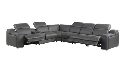 Gray Italian Leather Power Reclining Curved Seven Piece Corner Sectional With Console