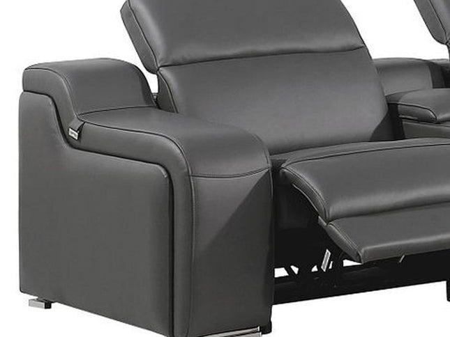 Gray Italian Leather Power Reclining Curved Seven Piece Corner Sectional With Console