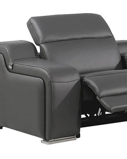 Gray Italian Leather Power Reclining Curved Seven Piece Corner Sectional With Console