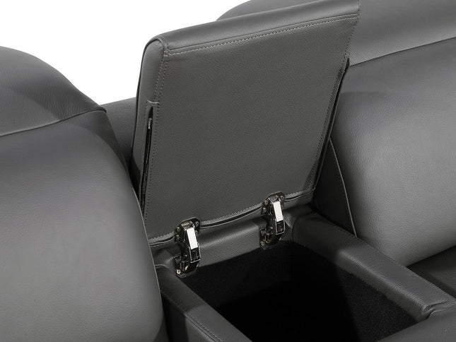 Gray Italian Leather Power Reclining Curved Seven Piece Corner Sectional With Console