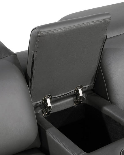 Gray Italian Leather Power Reclining Curved Seven Piece Corner Sectional With Console