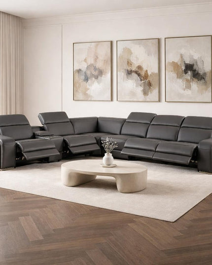 Gray Italian Leather Power Reclining Curved Seven Piece Corner Sectional With Console