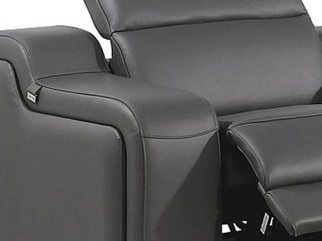 Gray Italian Leather Power Reclining Curved Seven Piece Corner Sectional With Console