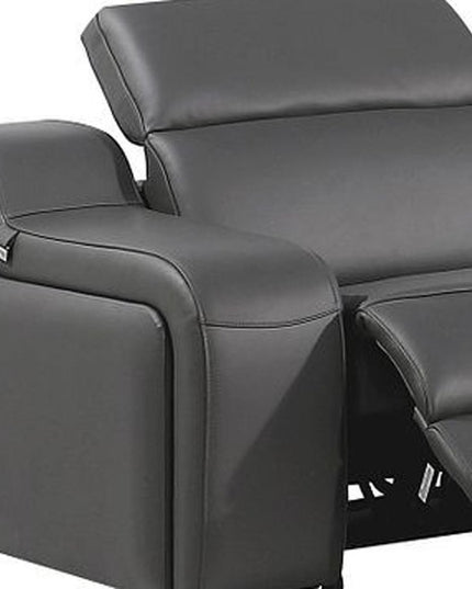 Gray Italian Leather Power Reclining Curved Seven Piece Corner Sectional With Console