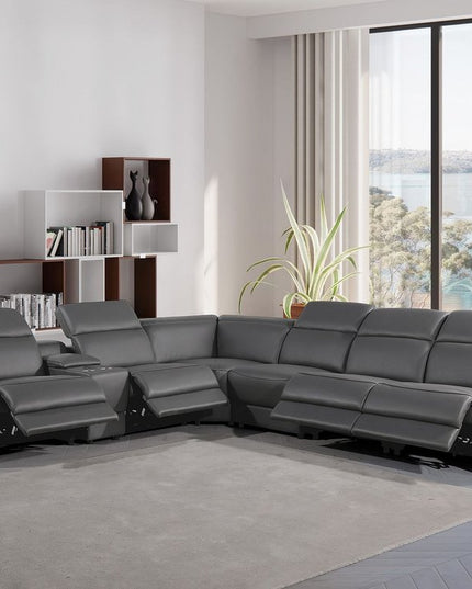 Gray Italian Leather Power Reclining Curved Seven Piece Corner Sectional With Console