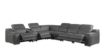 Gray Italian Leather Power Reclining Curved Seven Piece Corner Sectional With Console