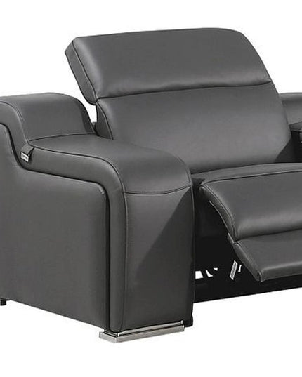 Gray Italian Leather Power Reclining Curved Seven Piece Corner Sectional With Console