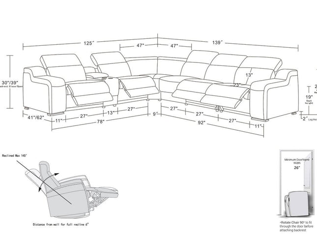 Gray Italian Leather Power Reclining Curved Seven Piece Corner Sectional With Console