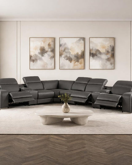 Gray Italian Leather Power Reclining Curved Eight Piece Corner Sectional With Console