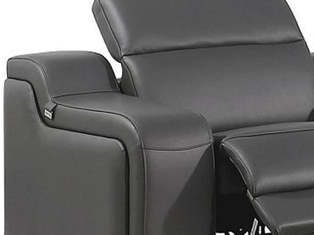 Gray Italian Leather Power Reclining Curved Eight Piece Corner Sectional With Console