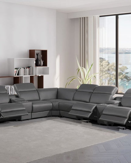 Gray Italian Leather Power Reclining Curved Eight Piece Corner Sectional With Console