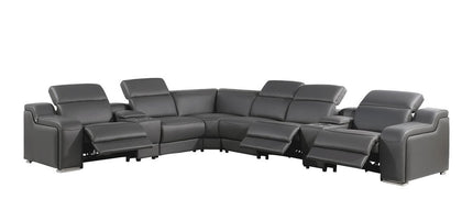 Gray Italian Leather Power Reclining Curved Eight Piece Corner Sectional With Console