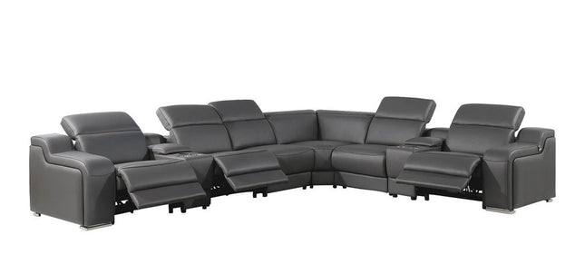 Gray Italian Leather Power Reclining Curved Eight Piece Corner Sectional With Console