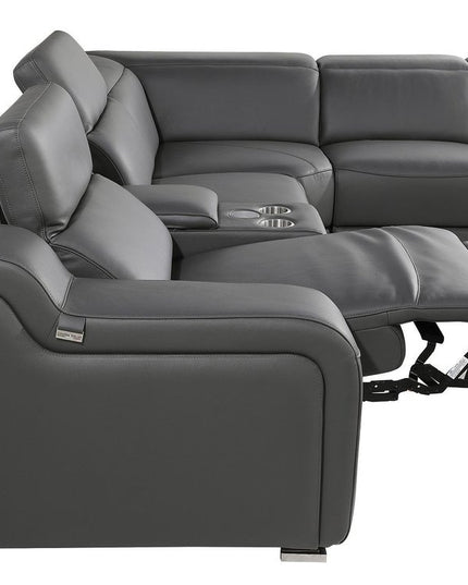 Gray Italian Leather Power Reclining Curved Eight Piece Corner Sectional With Console