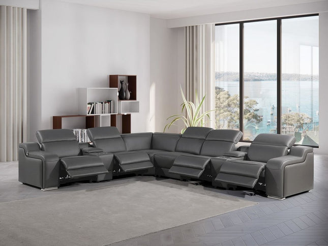 Gray Italian Leather Power Reclining Curved Eight Piece Corner Sectional With Console