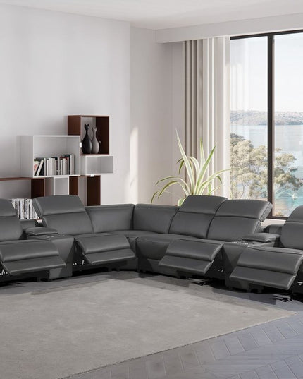 Gray Italian Leather Power Reclining Curved Eight Piece Corner Sectional With Console