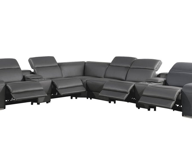 Gray Italian Leather Power Reclining Curved Eight Piece Corner Sectional With Console