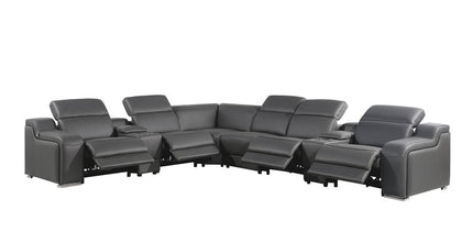 Gray Italian Leather Power Reclining Curved Eight Piece Corner Sectional With Console