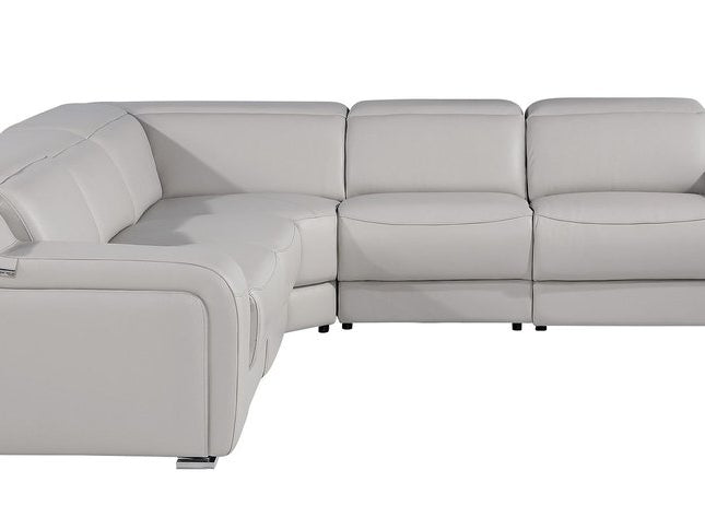 Light Gray Italian Leather Power Reclining Curved Five Piece Corner Sectional With Console