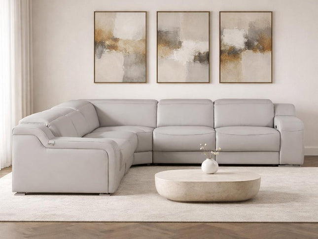 Light Gray Italian Leather Power Reclining Curved Five Piece Corner Sectional With Console