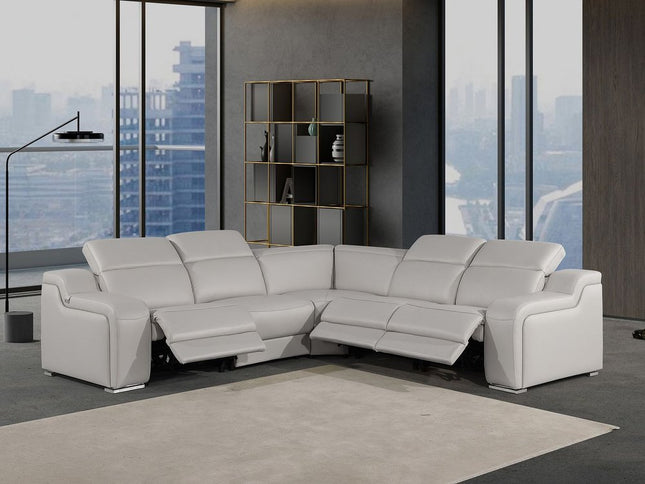 Light Gray Italian Leather Power Reclining Curved Five Piece Corner Sectional With Console
