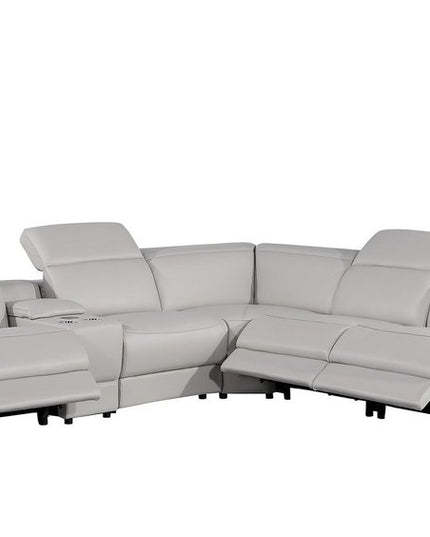 Light Gray Italian Leather Power Reclining Curved Six Piece Corner Sectional With Console