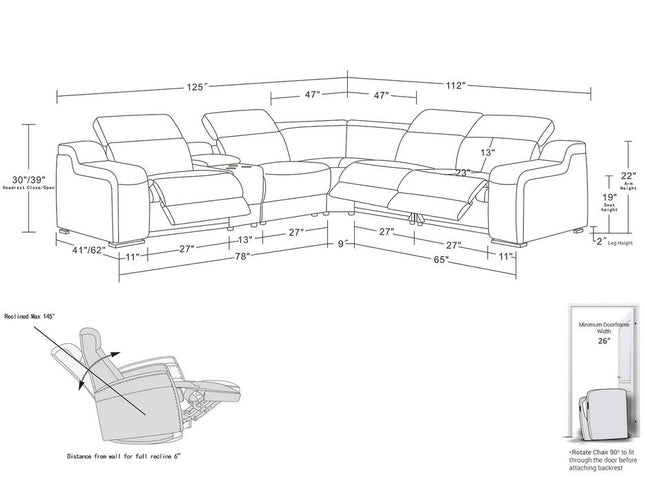 Light Gray Italian Leather Power Reclining Curved Six Piece Corner Sectional With Console