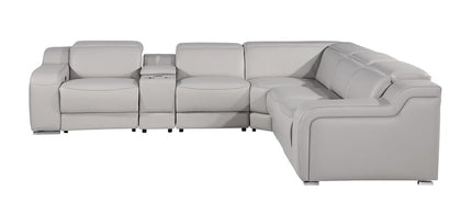 Light Gray Italian Leather Power Reclining Curved Six Piece Corner Sectional With Console