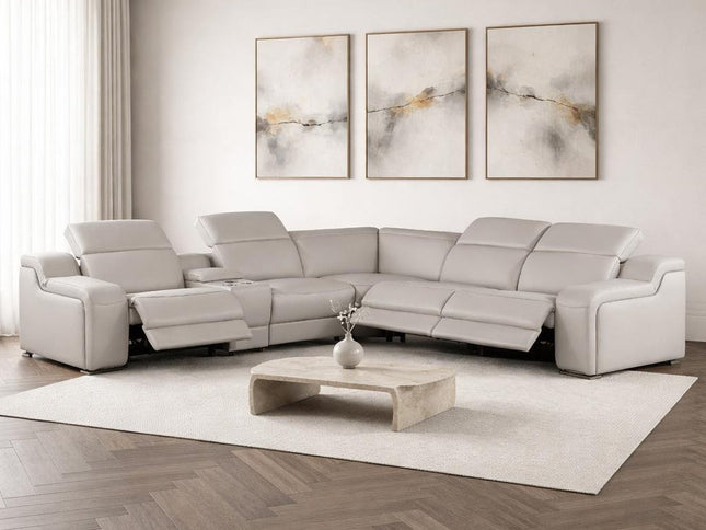 Light Gray Italian Leather Power Reclining Curved Six Piece Corner Sectional With Console