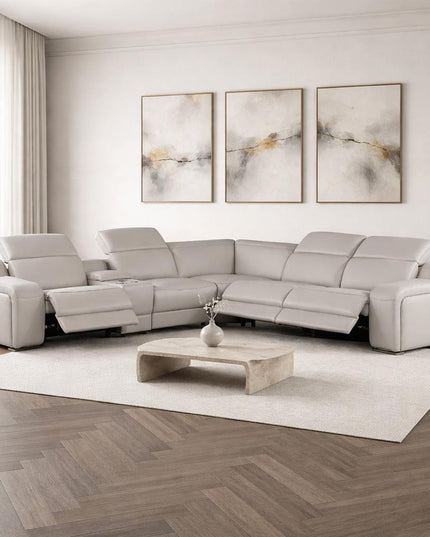 Light Gray Italian Leather Power Reclining Curved Six Piece Corner Sectional With Console