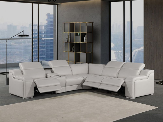 Light Gray Italian Leather Power Reclining Curved Six Piece Corner Sectional With Console