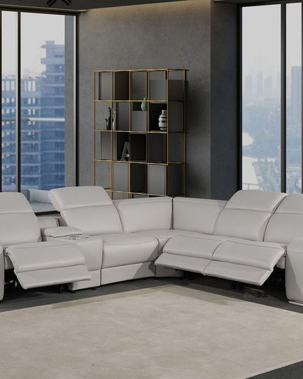 Light Gray Italian Leather Power Reclining Curved Six Piece Corner Sectional With Console
