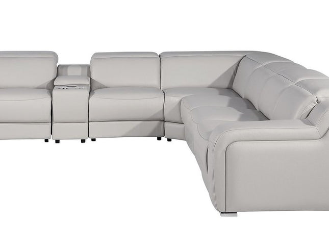 Light Gray Italian Leather Power Reclining Curved Seven Piece Corner Sectional With Console