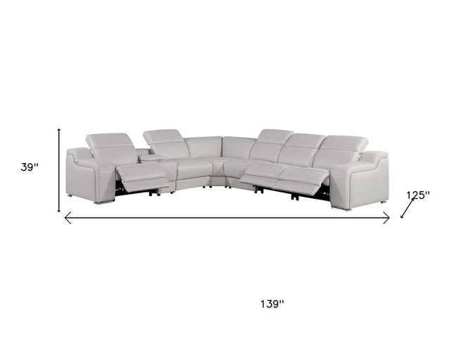 Light Gray Italian Leather Power Reclining Curved Seven Piece Corner Sectional With Console