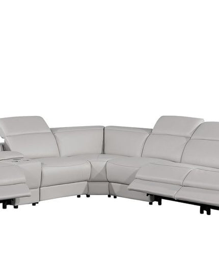 Light Gray Italian Leather Power Reclining Curved Seven Piece Corner Sectional With Console