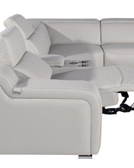 Light Gray Italian Leather Power Reclining Curved Seven Piece Corner Sectional With Console