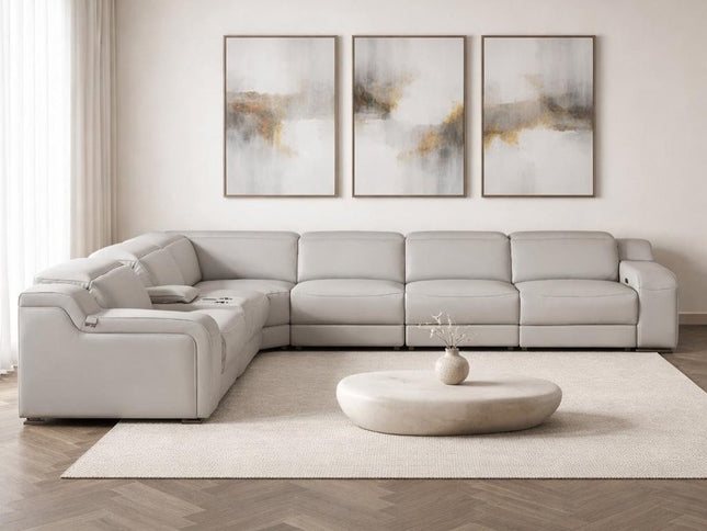 Light Gray Italian Leather Power Reclining Curved Seven Piece Corner Sectional With Console