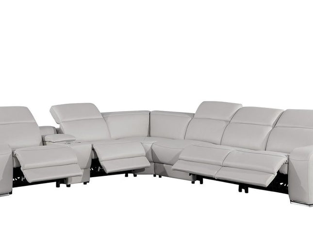Light Gray Italian Leather Power Reclining Curved Seven Piece Corner Sectional With Console