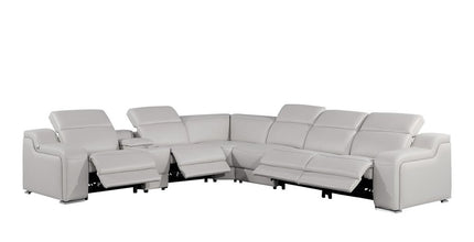 Light Gray Italian Leather Power Reclining Curved Seven Piece Corner Sectional With Console